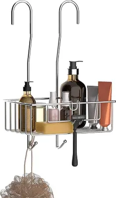 Immagine prodotto di Portaoggetti da doccia da appendere, finitura cromata, 25 x 13 cm (larghezza x profondità), altezza 40 cm – Cesto doccia con 2 ganci e protezione in gomma per shampoo e rasoio