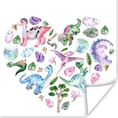 Produktbild von MuchoWow® Poster Kinderzimmer - Herz - Dinosaurier - Mädchen - Kinder - Rosa 50x50 cm - Wohnzimmerdekoration