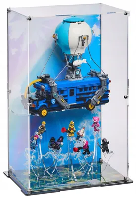 Produktbild von Blacked Brick Vitrine mit bedruckter Rückwand für LEGO® Fortnite 77073 – Kampfbus