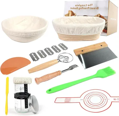 Immagine prodotto di Kit per lievito madre - Set per la panificazione - Per preparare pane artigianale - Set completo con cestini inclusi - 10 pezzi - Naturale