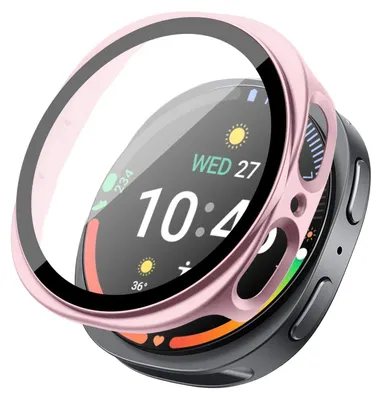 A smartwatch with a rose gold protective case and screen protector.