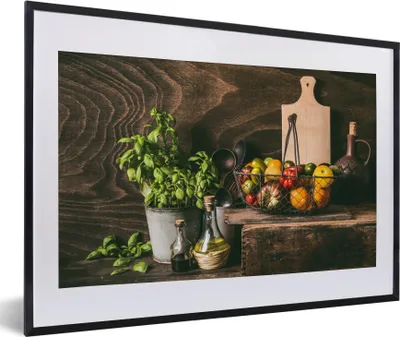 Produktbild von MuchoWow® Gerahmtes Poster Gemüse - Kräuter - Rustikal - Stilleben - Basilikum 60x40 cm - Poster mit Schwarzem Bilderrahmen Wandposter Rahmen Foto Bilder - Schlafzimmer - Plakat in Rahmen - Drucken
