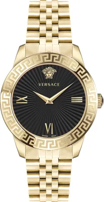 A product shot of a gold Versace watch with a black dial.
