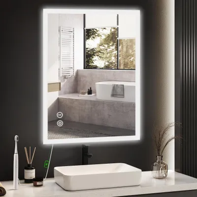 Produktbild von Badspiegel mit Beleuchtung, LED-Wandspiegel mit Steckdose, Badspiegel LED mit Touch-Schalter, 3 dimmbar Warmweiß/Kaltweiß/Neutral, 50 x 70 cm