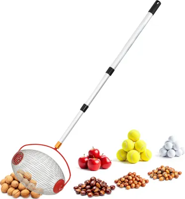 A product shot featuring a harvesting tool with various fruits and nuts.