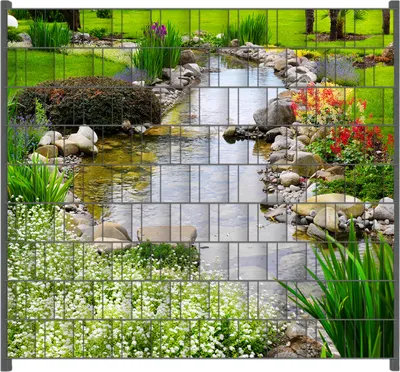 Produktbild von Wallario Zaunsichtschutz mit Motiv Blumen am Teich für Ein- und Doppelstabmatten Zäune in der Größe 200 x 180 cm