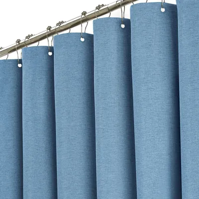 Produktbild von Duschvorhang aus Stoff, 180 x 180 cm, Leinenstruktur, schimmelresistent, wasserdicht, mit 12 Kunststoffhaken, beschwerter Polyester-Duschvorhang fürs Badezimmer, blau/mondblau