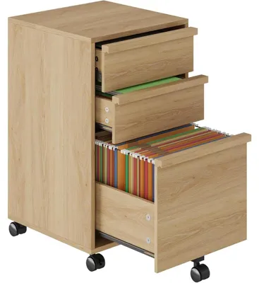 Immagine prodotto di Contenitore mobile con 3 cassetti - Supporto per stampante sotto la scrivania - Ruote - 2 ruote bloccabili - Struttura in metallo - Legno naturale