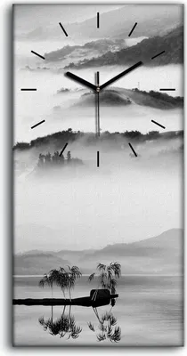 Produktbild von Küchenuhr Bürouhr Leinwand Uhr 30x60 Gemälde See Berge Nebel Brücke Kunst - schwarze Hände