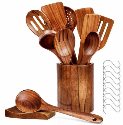 Produktbild von Famanu Kochlöffel Set mit Halter - 12-teiliges Teakholz Kochgeschirr