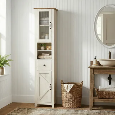 Produktbild von VASAGLE Badezimmerschrank im Landhausstil, Badschrank schmal, Badmöbel, weiß-braun