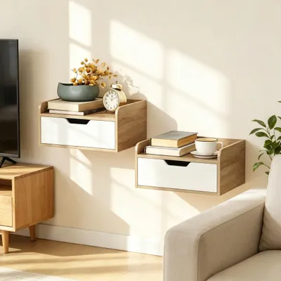 Produktbild von 2 wandmontierte Nachttische in Wei? und Naturholz, platzsparend fš¹r das Schlafzimmer