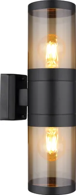A black and amber outdoor wall light with two bulbs.