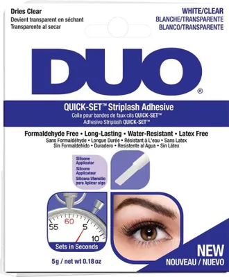 The image shows the packaging of DUO Quick-Set Striplash Adhesive.