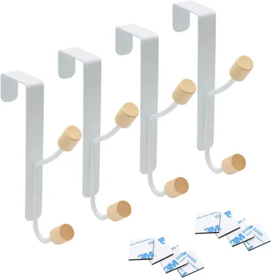 Produktbild von Über Türhaken, 4 weiße doppelte Haken, 5 kg Tragkraft, für Schlafzimmer und Bad