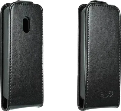 Two views of a black flip phone case on a white background.