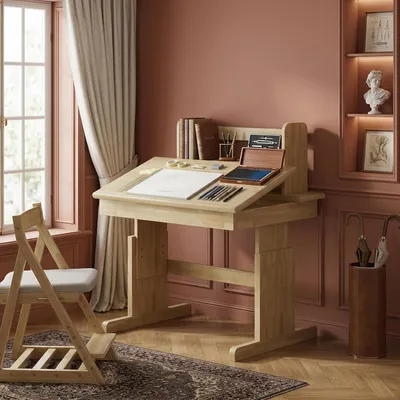 Produktbild von Höhenverstellbarer Schreibtisch aus Massivholz mit neigbarer Tischplatte und Buchstütze, Computertisch für Schüler, 80x60 cm, Höhe 94-104 cm, Natur