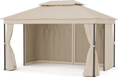 Produktbild von Blumfeldt Mondo Dual Pavillon 3x4 – Doppeldach & Moskitonetze, Rostfreier Metallrahmen, Wetterfeste Überdachung, Gartenpavillon, Beige