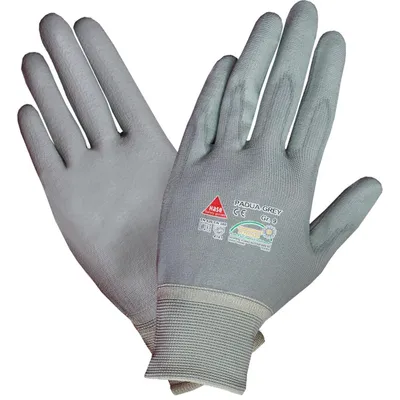 A pair of gray work gloves on a white background.