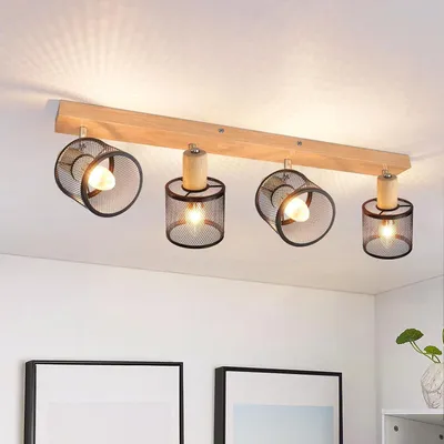 Image de ZMH Spot de plafond 4 flammes bois-E14 Projecteur Noir Lampe de salon Pivotant Lampe de cuisine Vintage Spot de plafond LED Salon Chambre à coucher Couloir Sans