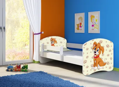 Produktbild von ACMA Jugendbett Kinderbett Junior-Bett Komplett-Set mit Matratze Lattenrost und Rausfallschutz Weiß 11 Welpe 140x70
