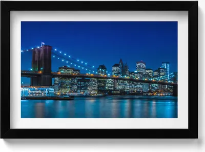 Produktbild von Brooklyn Bridge am Abend - New York– Wandbild mit Rahmen – Gerahmtes Bild  – Wanddekoration – 30x20 cm –  Schwarz Rahmen