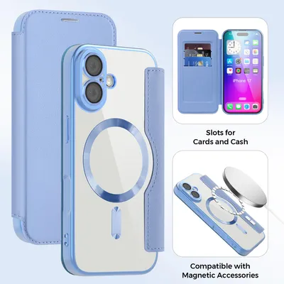 Produktbild von Klapphülle für iPhone 17 Kompatibel mit Magsafe, Klar Überzug Kartenhalter Ledertasche mit Kameraschutz Hellblau