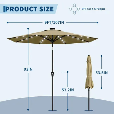 Immagine prodotto di Ombrellone da giardino Solar – Ombrellone per terrazza, 270 cm – Illuminazione LED – Manovella con funzione di inclinazione – 8 robuste stecche – Adatto per tavoli da giardino – Colore kaki