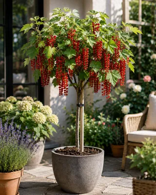 Produktbild von Rote Johannisbeere Ribes rubrum 'Jonkheer van Tets' 100-120 cm – Hochstamm, veredelt – Beerenstrauch winterhart & ertragreich, KI-generiertes Bild