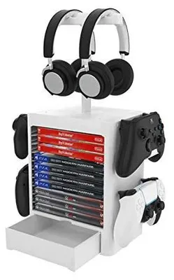 Zdjęcie produktu dla Stojak organizer PS5 PS4 xbox przechowywanie 10 gier 4 kontrolery słuchawki