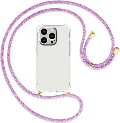 Produktbild von Handykette Backcover-Schutzhülle mit Band (Metall goldfarben) für Apple iPhone 14 Pro (6.1'') - lila/rosa/blau