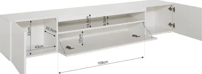 A white, modern TV cabinet with open compartments and dimensions indicated by measurement lines and text.