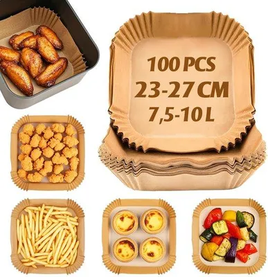Obrázek produktu pro Papír na pečení do horkovzdušné fritézy, 100 kusů, čtvercový, 23 x 4,5 cm