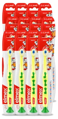 Imagen del producto de 12 cepillos de dientes para niños Elmex, diseñados para el aprendizaje y suaves para niños de 0 a 3 años. Paquete económico de 12 unidades