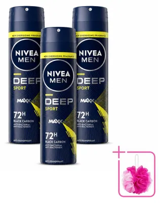 Imagen del producto de 3 aerosoles desodorantes NIVEA MEN Deep Sport, 150 ml, pack ahorro, 3 unidades