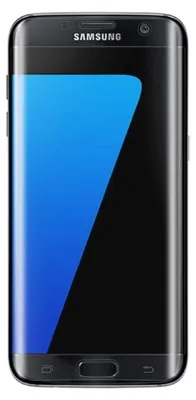A Samsung Galaxy S7 Edge smartphone with a blue abstract wallpaper displayed on the screen.