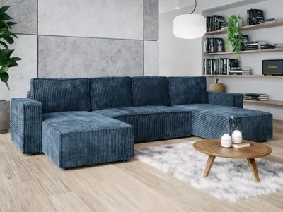 Image de Canapé panoramique en U XXL avec fonction couchage et coffre 338x169 Velours Côtelé Poso  Bleu Marine BRIK XL