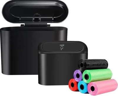Produktbild von Unyqoos® Auto-Abfalleimer aus ABS – hängender Auto-Organizer mit Deckel, 6 Rollen (90 Müllbeutel), schwarz, 16 x 14 x 7 cm für Auto, Zuhause, Büro, Küche