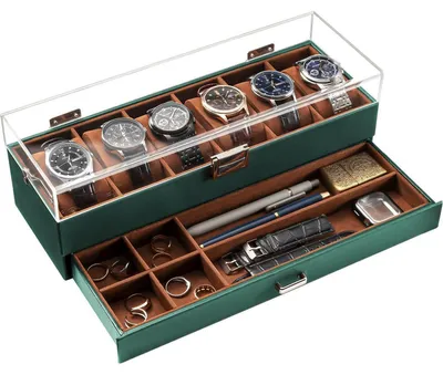 Image de Boîte à montres avec 6 compartiments et un tiroir, de couleur verte