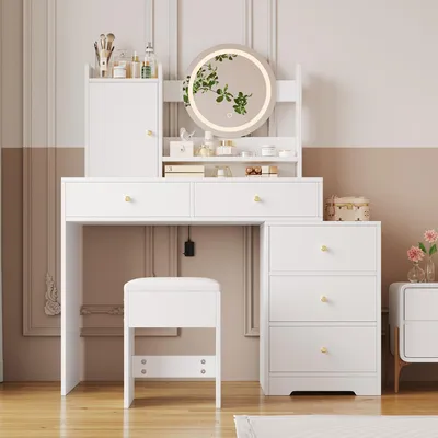 Immagine prodotto di Flieks tavolo da toilette con sgabello e specchio, tavolo da trucco con armadietto e spazio di archiviazione, specchio con led, 120x40x132 cm, bianco