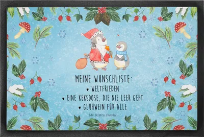 Produktbild von Mr. & Mrs. Panda Bodenvorleger Pinguin Wunschliste 40 x 60 cm - Eisblau - Geschenk, Sauberlaufmatte, Weihnachten, Fussmatte, Schmutzmatte, fußmatte, Schmutzfangmatte
