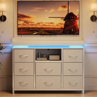 Produktbild von ProximaX Weiße Kommode mit 8 Schubladen, Ladestation & RGB-LED-Beleuchtung, Stoffschubladen, Kippschutz, Robuster Stahlrahmen, TV-Schrank für Wohnzimmer & Schlafzimmer, 108x30x82cm