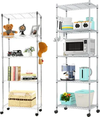 Produktbild von 5 Etagen Höhenverstellbares Metallregal mit Rädern und Haken, 59x35x183cm, Silber