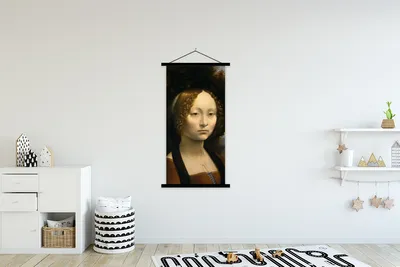 Produktbild von MuchoWow® Textilposter Ginevra de' Benci - Leonardo da Vinci 90x180 cm mit schwarzem Rahmen - Dekoration Wohnzimmer