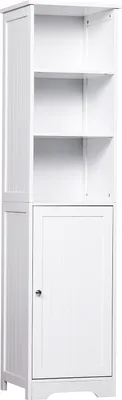 A white bathroom cabinet with open shelves and a closed cabinet.