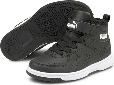 A pair of black Puma high-top sneakers with white soles and laces, shown from a slightly angled side view. One shoe is upright, showing the side and front, while the other is placed behind it, showing its sole.