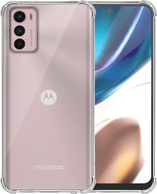 A clear, studio shot of a transparent phone case with a pink tint, showing the back of a Motorola phone inside it.