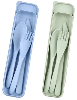 Productafbeelding van Bestaande uit:Besteekkoffer met 2-delige set - Draagbaar plastic bestek - Geschikt voor camping en picknick - Mes, lepel en vork set
