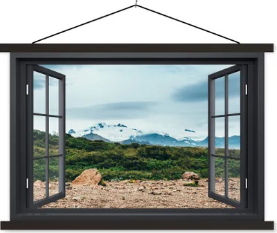 Produktbild von MuchoWow® Textilposter Aussicht - Berge - Gras 120x80 cm mit schwarzem Rahmen - Wanddeko