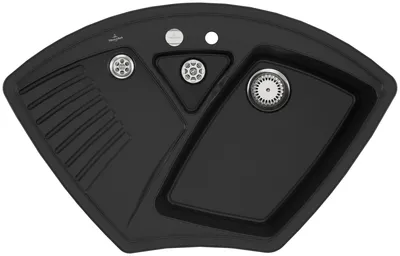 A top-down view of a black corner sink.